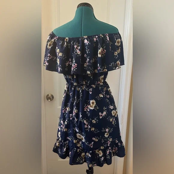 ROMWE Off Shoulder Floral Dress Navy Blue Ruffle Boho Mini Dress - Picture 3 of 4